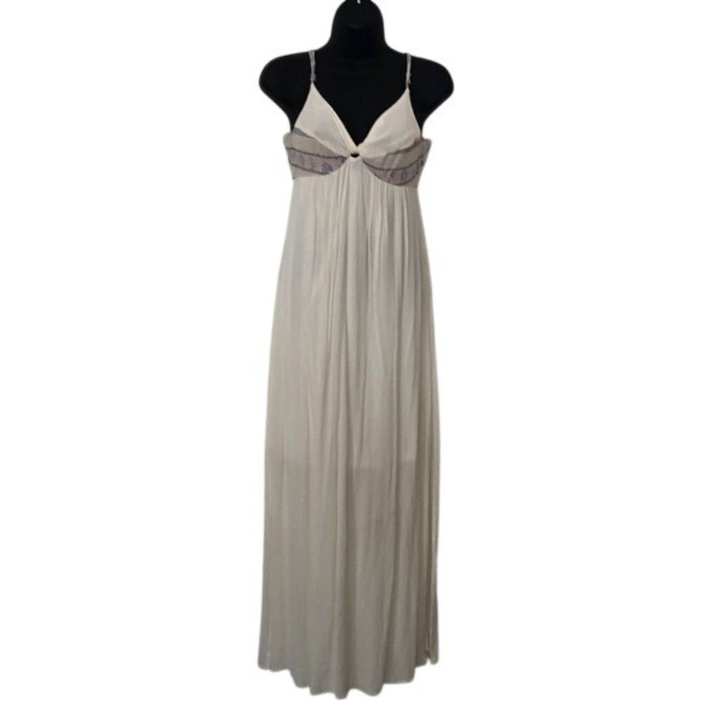 Hem & Thread Cream Gauze Boho Maxi Dress Small Embroidered Open Back Side Slit